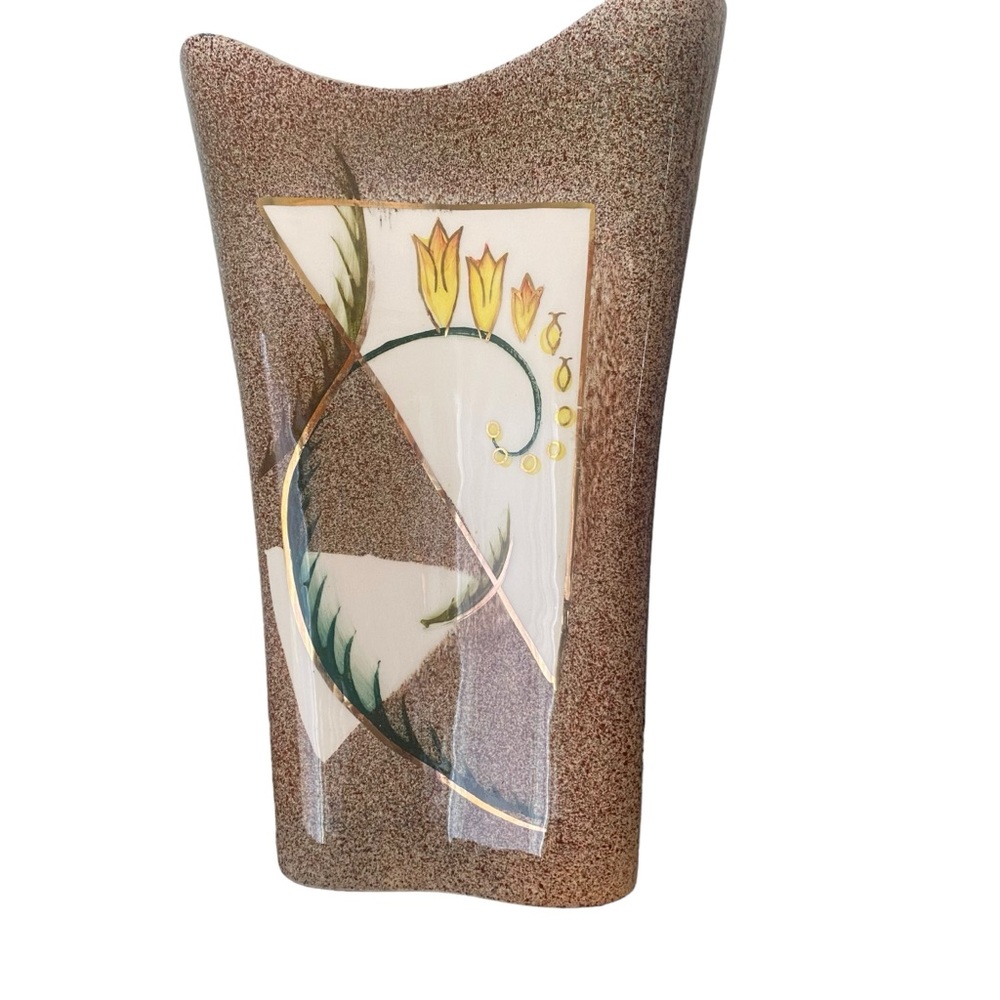 Vintage MCM brown speckled floral triangle shaped vase